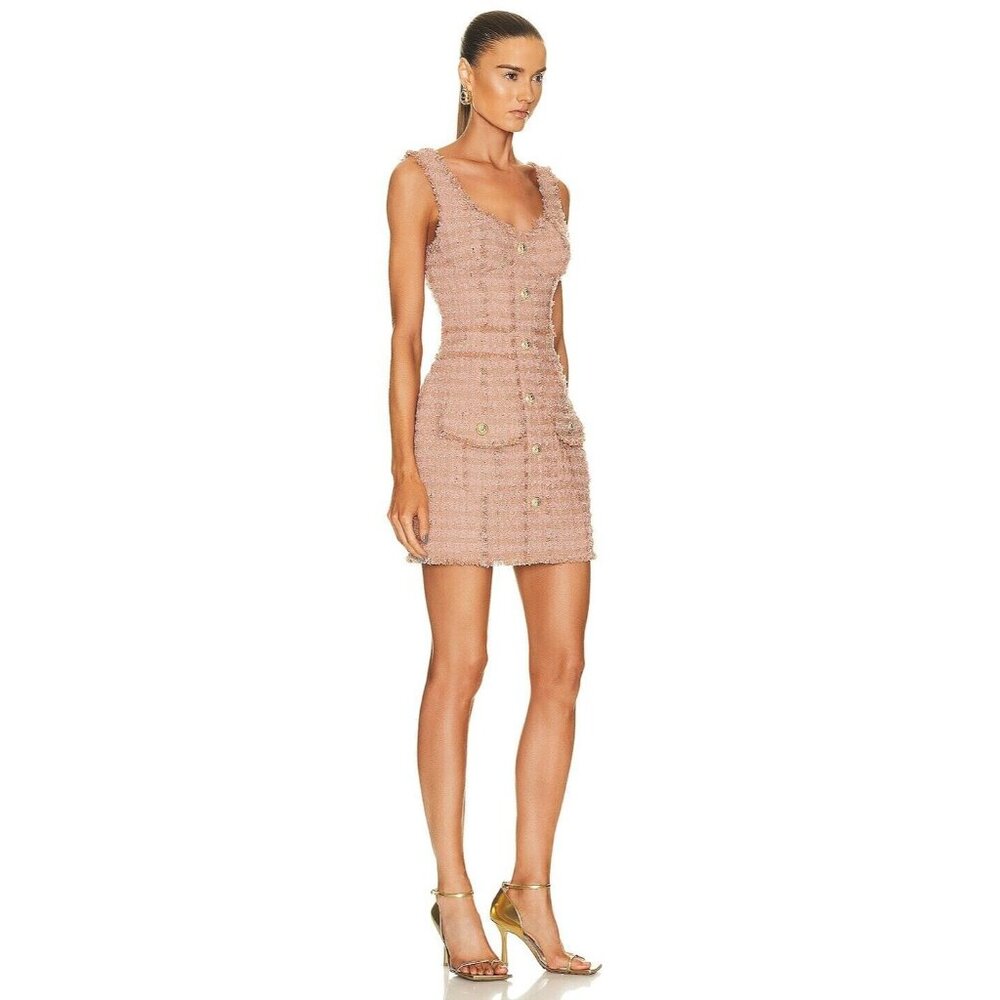 BALMAIN Strapped Short Dress Nude Tweed Buttons - Picture 3 of 12
